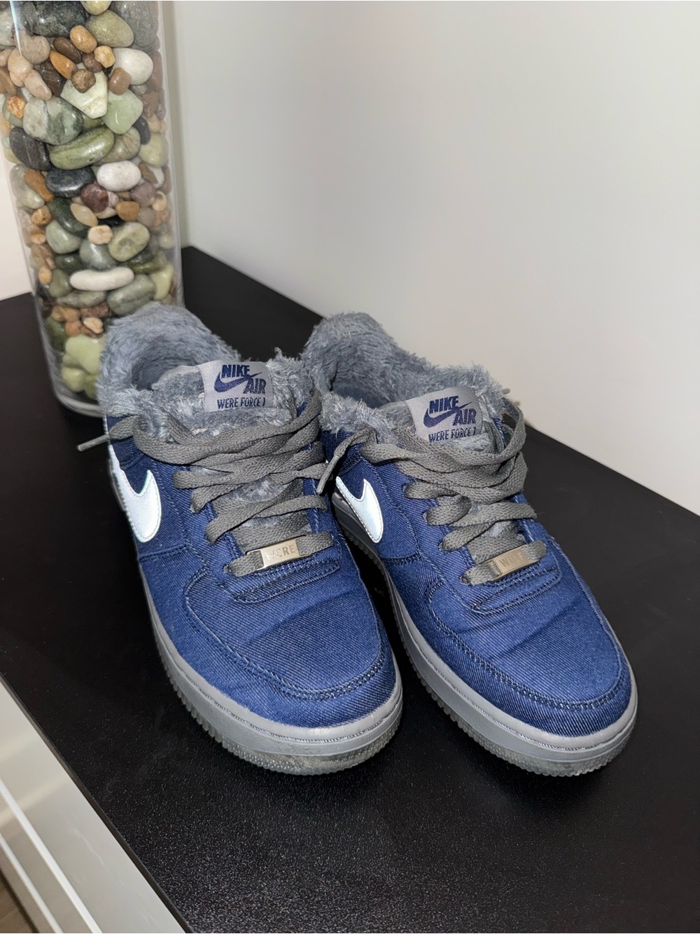 Nike Air Force 1 Low “Werewolf” Kids 6 Navy Blue Denim & Gray Fur-Lined Sneakers